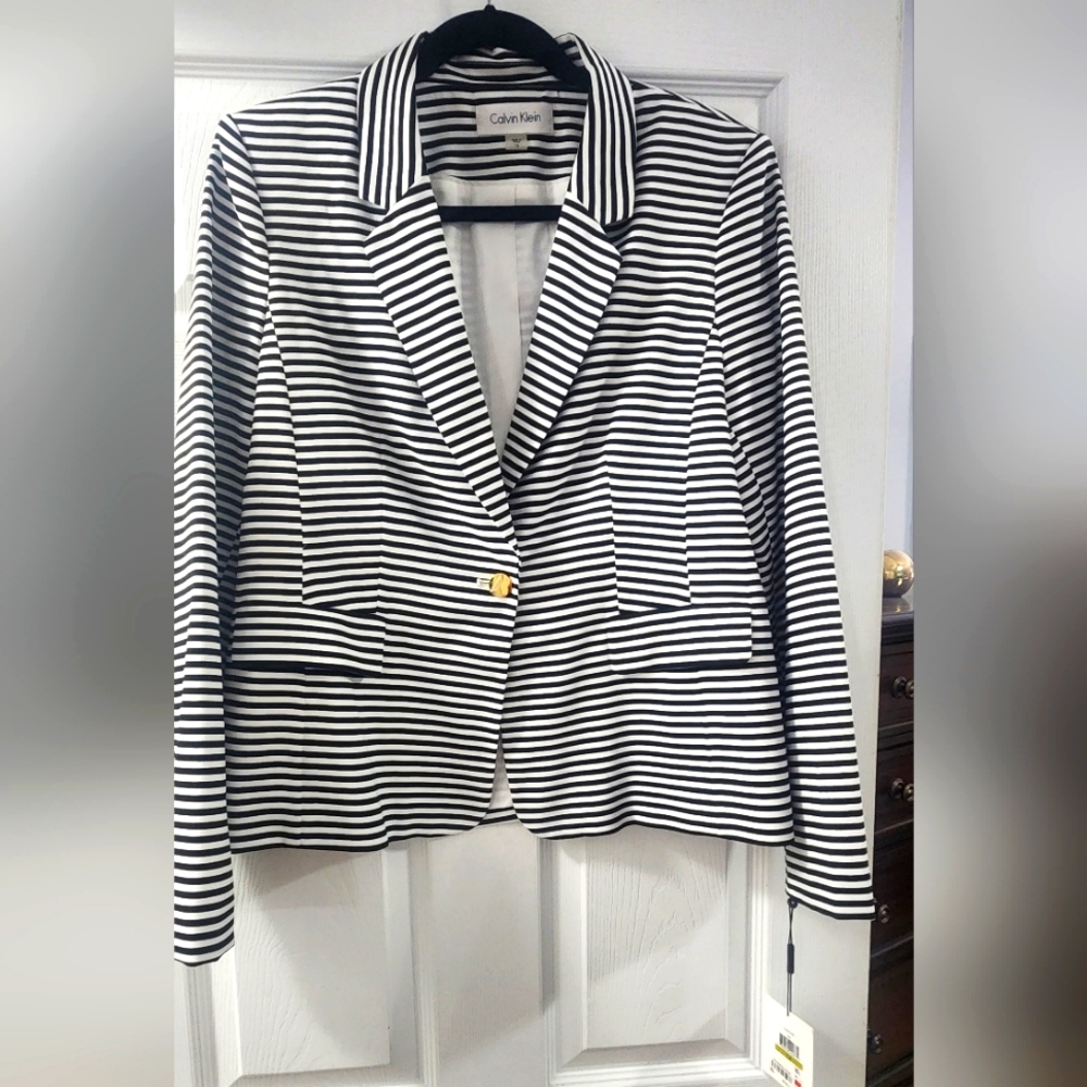 NWT - Calvin Klein, 14, black & white striped blazer.